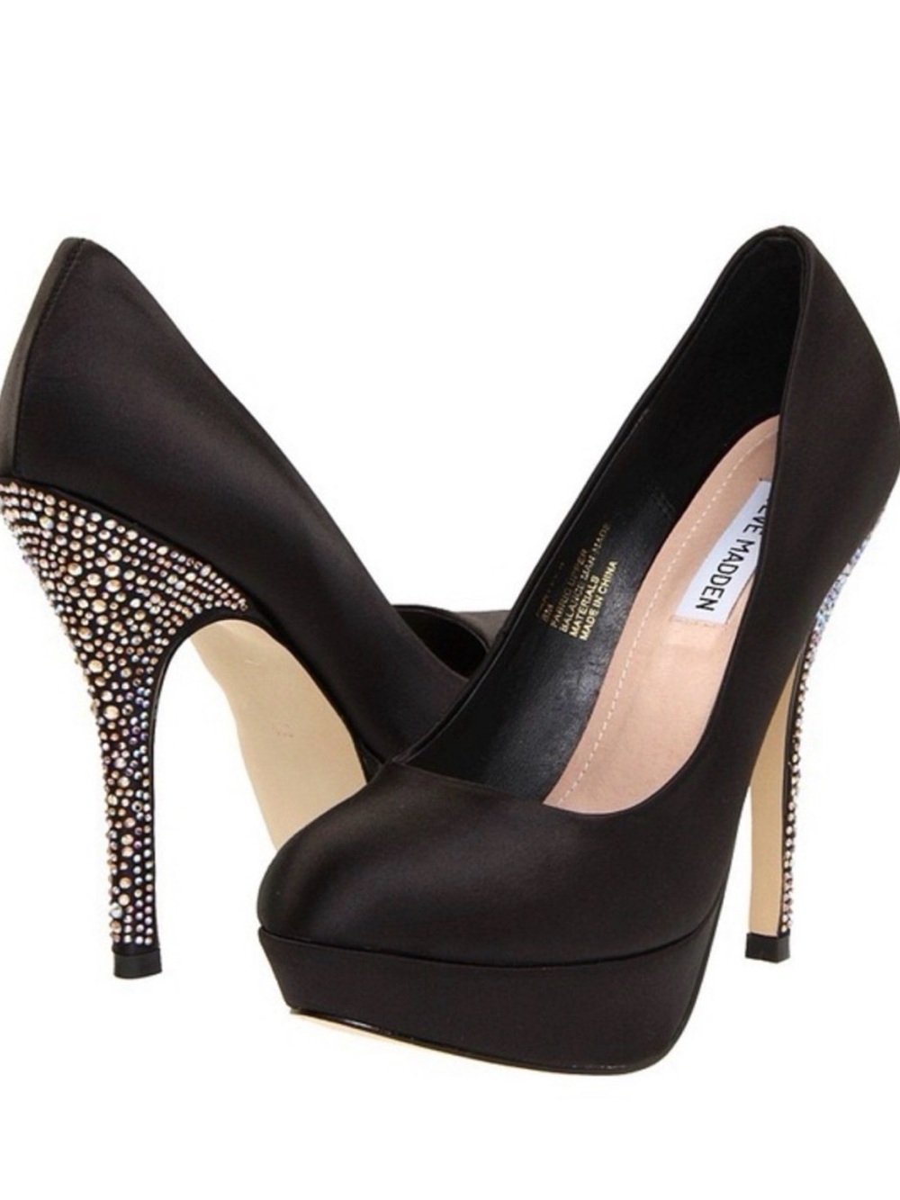 Steve Madden Partyy-r Black Satin Platform Pumps with Crystal-Studded Heels